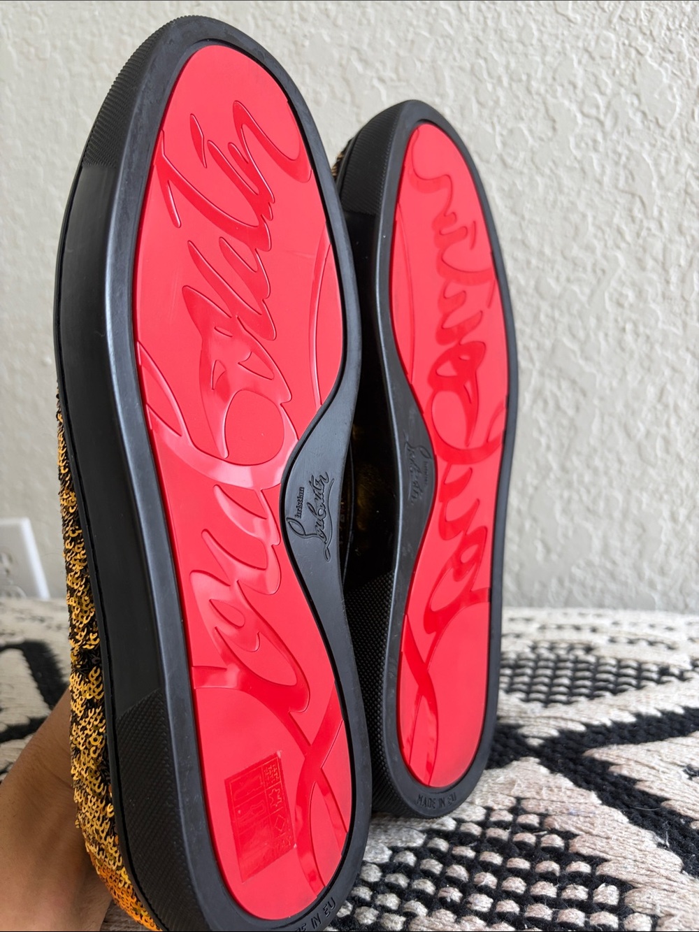 Christian Louboutin Black and Gold Sequin Slip-On Shoes - Picture 8 of 9